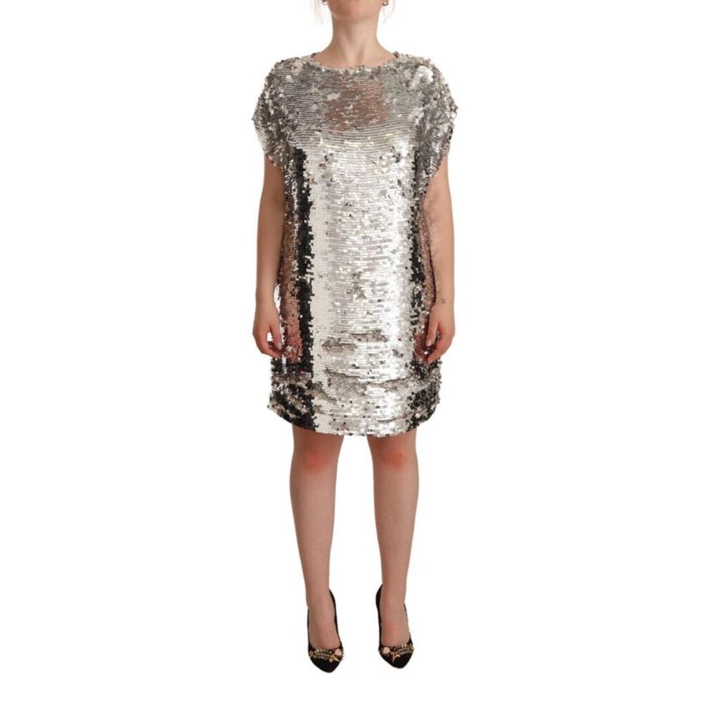 MSGM Silver Sequined Polyester Short Sleeves Shift Mini Women's Dress
